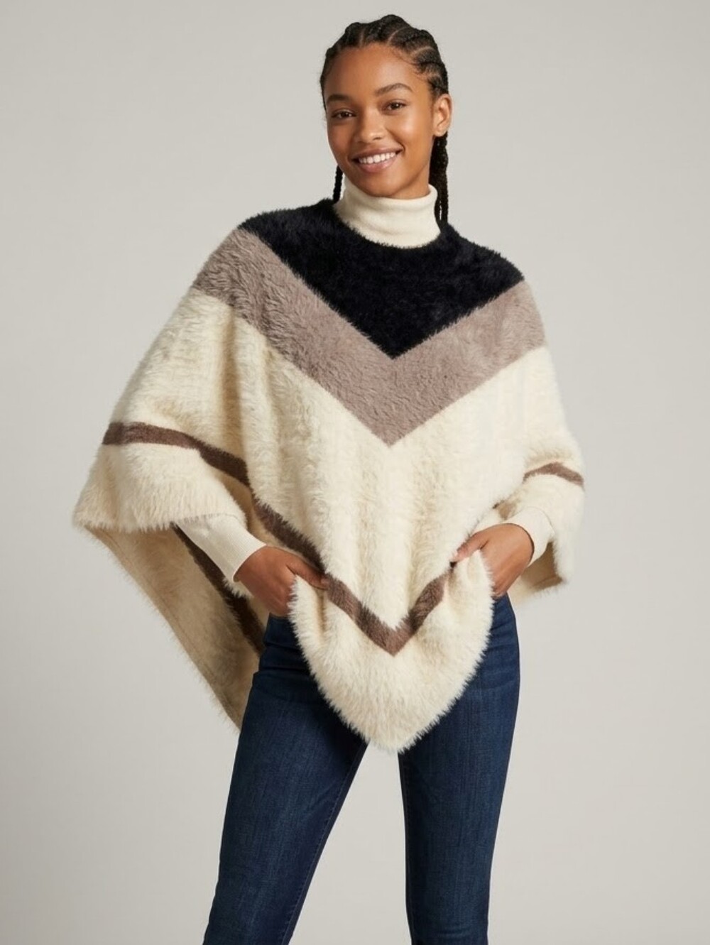 Ann Taylor Fuzzy Knit Poncho Sweater Neutral Chevron Colorblock Soft Eyelash